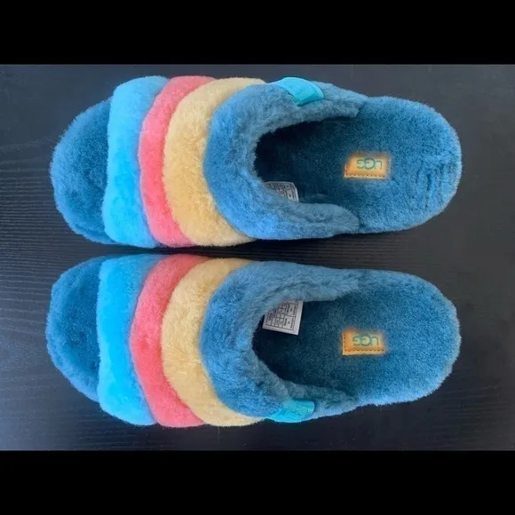 New MEN UGG FLUFF YOU MARINA BLUE MULTI STRIPES SLIPPERS NEW WITHOUT BOX # Slide