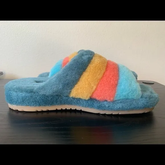 New MEN UGG FLUFF YOU MARINA BLUE MULTI STRIPES SLIPPERS NEW WITHOUT BOX # Slide