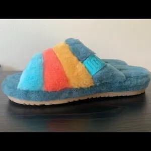 New MEN UGG FLUFF YOU MARINA BLUE MULTI STRIPES SLIPPERS NEW WITHOUT BOX # Slide