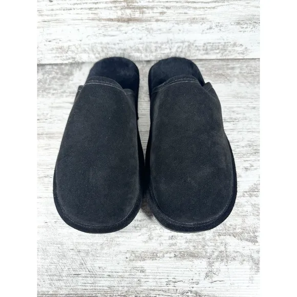 NEW Men’s L.B. Evans Rhett Black Leather Sheep Fur Lined Slippers Sz 9M