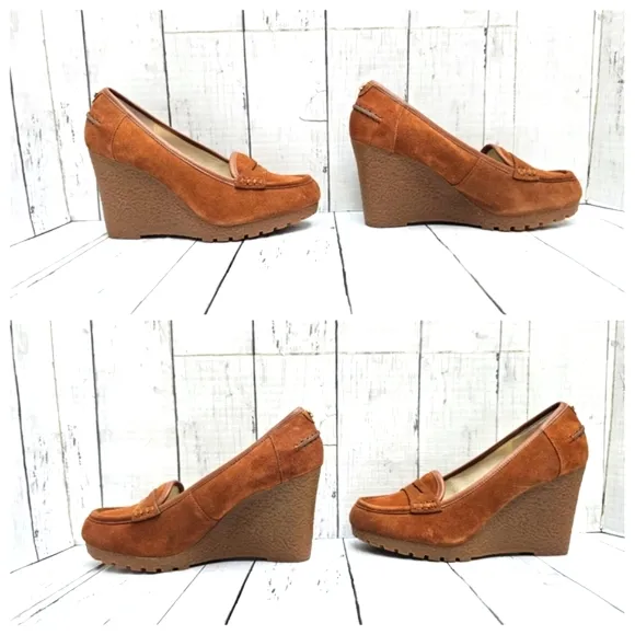NEW Michael Kors Cognac Brown Soft Leather Slip On Wedge Heel Loafer Shoes Rory