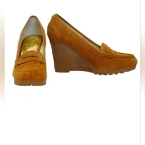 NEW Michael Kors Cognac Brown Soft Leather Slip On Wedge Heel Loafer Shoes Rory