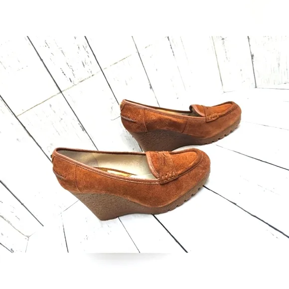 NEW Michael Kors Cognac Brown Soft Leather Slip On Wedge Heel Loafer Shoes Rory