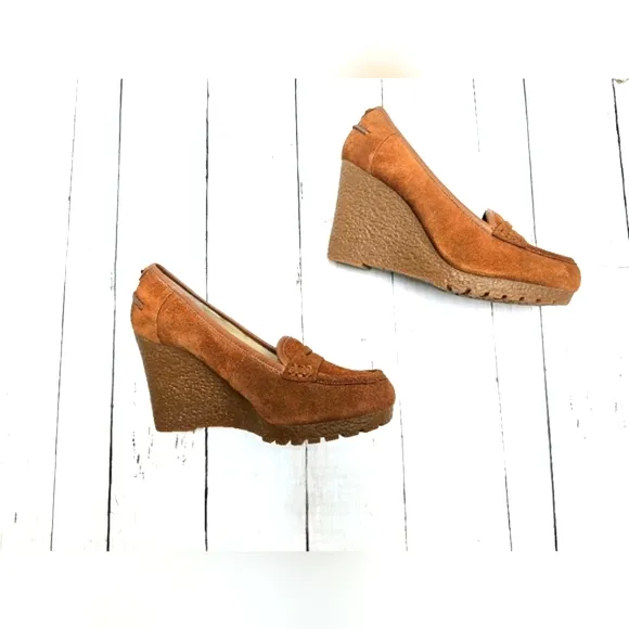 NEW Michael Kors Cognac Brown Soft Leather Slip On Wedge Heel Loafer Shoes Rory
