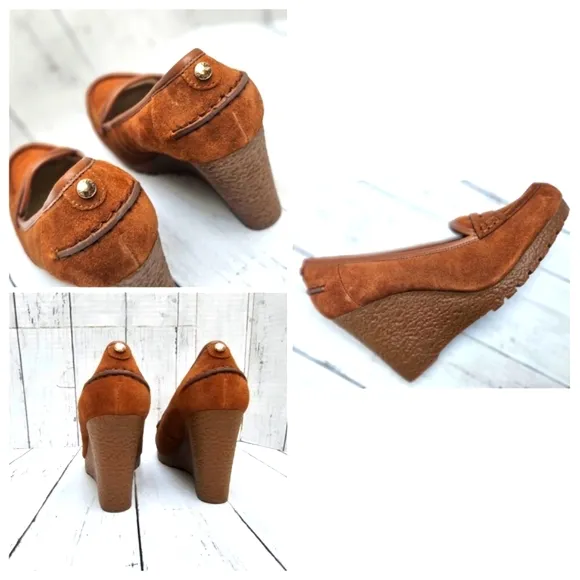 NEW Michael Kors Cognac Brown Soft Leather Slip On Wedge Heel Loafer Shoes Rory
