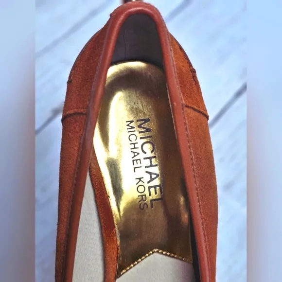NEW Michael Kors Cognac Brown Soft Leather Slip On Wedge Heel Loafer Shoes Rory