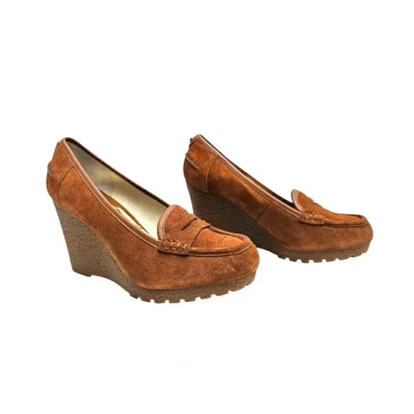 NEW Michael Kors Cognac Brown Soft Leather Slip On Wedge Heel Loafer Shoes Rory