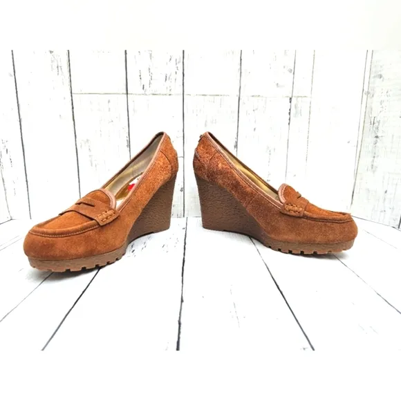 NEW Michael Kors Cognac Brown Soft Leather Slip On Wedge Heel Loafer Shoes Rory