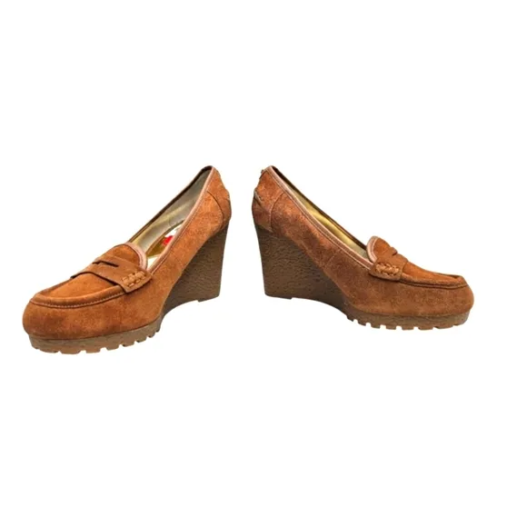 NEW Michael Kors Cognac Brown Soft Leather Slip On Wedge Heel Loafer Shoes Rory