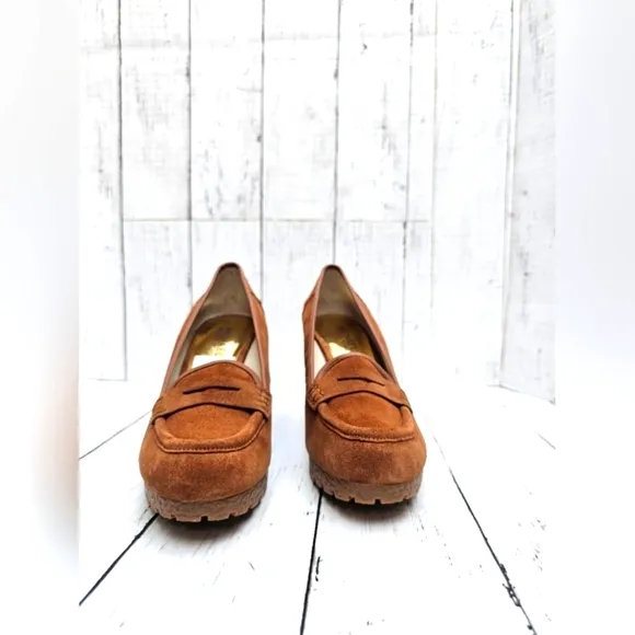 NEW Michael Kors Cognac Brown Soft Leather Slip On Wedge Heel Loafer Shoes Rory