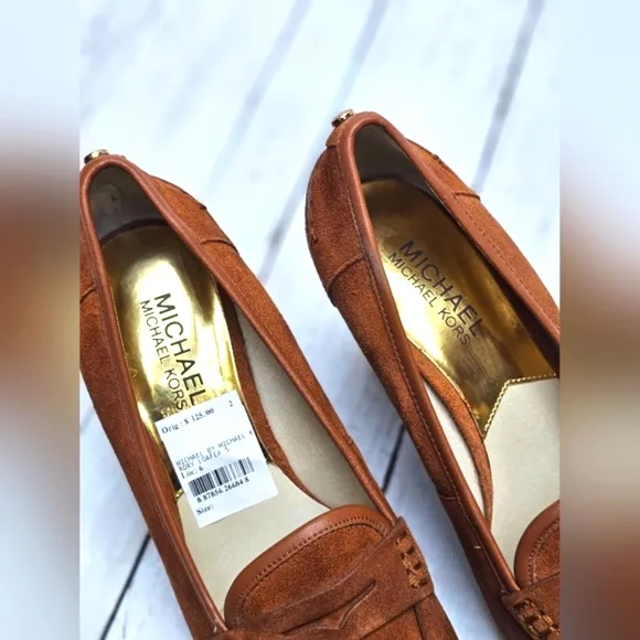 NEW Michael Kors Cognac Brown Soft Leather Slip On Wedge Heel Loafer Shoes Rory