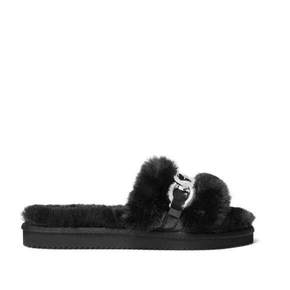 New! MICHAEL KORS Women's Scarlett Chain-trim Slippers Sandals Shoe Black Silver