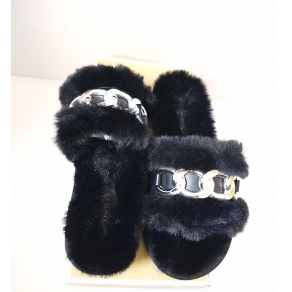 New! MICHAEL KORS Women's Scarlett Chain-trim Slippers Sandals Shoe Black Silver