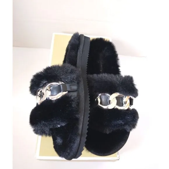 New! MICHAEL KORS Women's Scarlett Chain-trim Slippers Sandals Shoe Black Silver