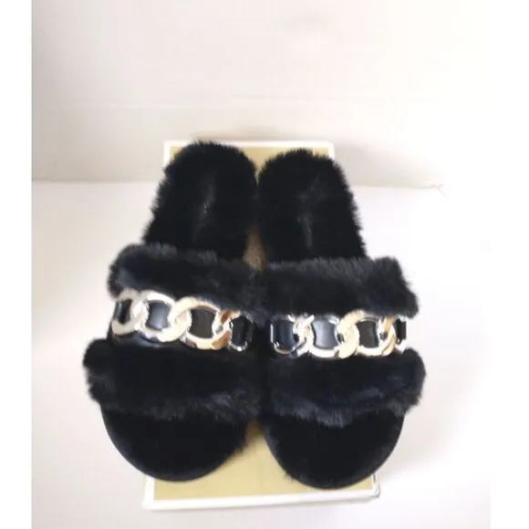 New! MICHAEL KORS Women's Scarlett Chain-trim Slippers Sandals Shoe Black Silver