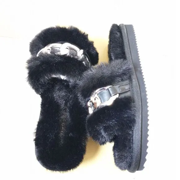 New! MICHAEL KORS Women's Scarlett Chain-trim Slippers Sandals Shoe Black Silver