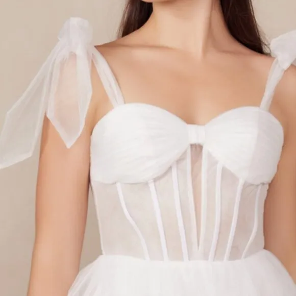 NEW MINI SLEEVELESS OFF WHITE RUFFLED SHEER BODICE DRESS W/ TIED STRAPS NX Y858W