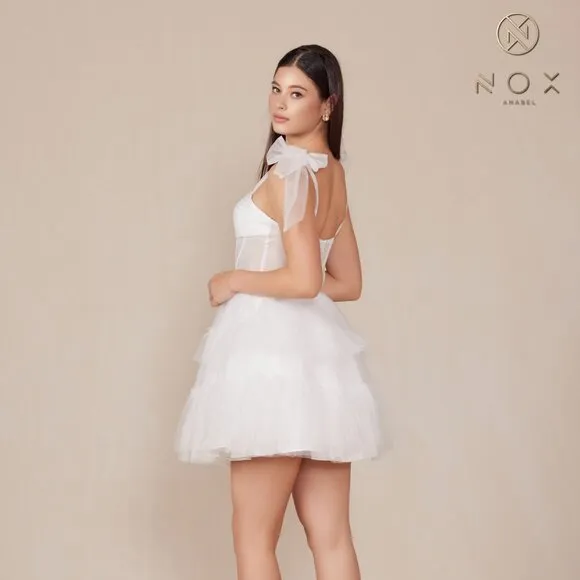 NEW MINI SLEEVELESS OFF WHITE RUFFLED SHEER BODICE DRESS W/ TIED STRAPS NX Y858W