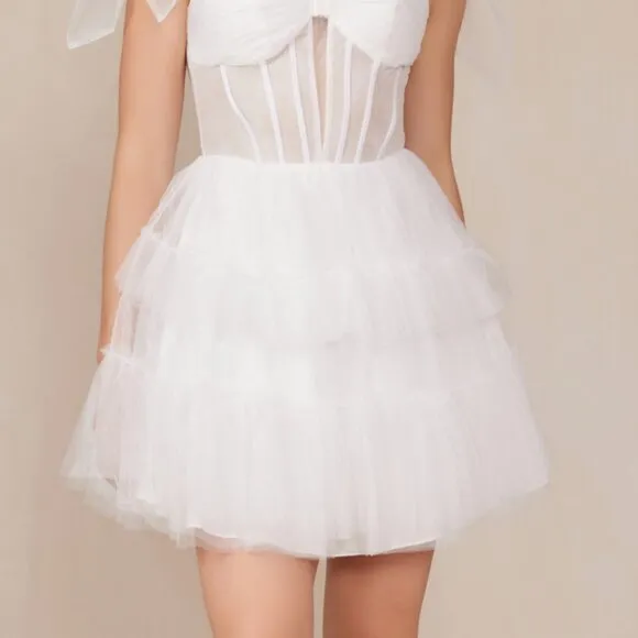 NEW MINI SLEEVELESS OFF WHITE RUFFLED SHEER BODICE DRESS W/ TIED STRAPS NX Y858W