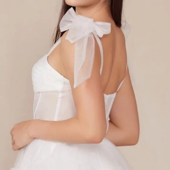 NEW MINI SLEEVELESS OFF WHITE RUFFLED SHEER BODICE DRESS W/ TIED STRAPS NX Y858W