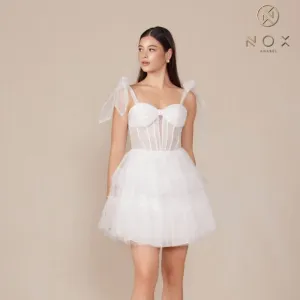 NEW MINI SLEEVELESS OFF WHITE RUFFLED SHEER BODICE DRESS W/ TIED STRAPS NX Y858W