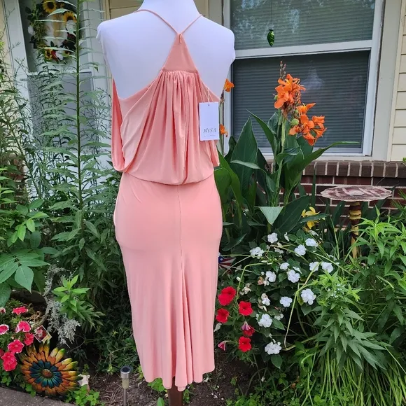 NEW Misa Los Angeles Domino Midi Dress Twisted Knot Blush Coral Luxury Mobwife