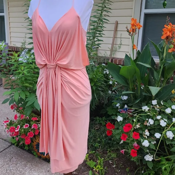 NEW Misa Los Angeles Domino Midi Dress Twisted Knot Blush Coral Luxury Mobwife