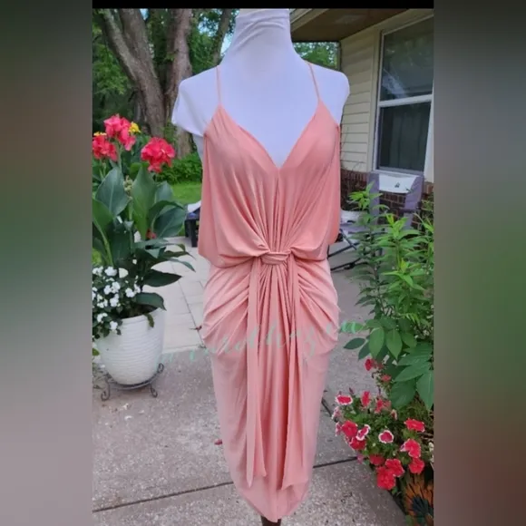 NEW Misa Los Angeles Domino Midi Dress Twisted Knot Blush Coral Luxury Mobwife