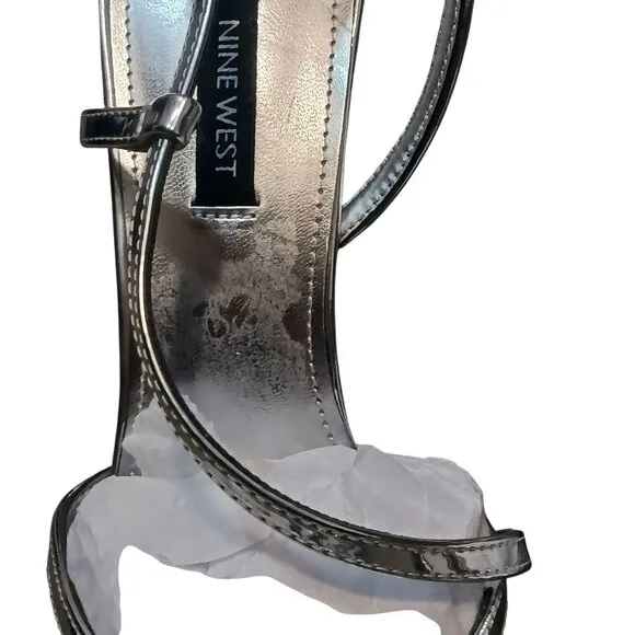 NEW Nine West Timie‎ 8 Faux Leather Ankle Strap Pumps, Silver Dressy Heels 8.5