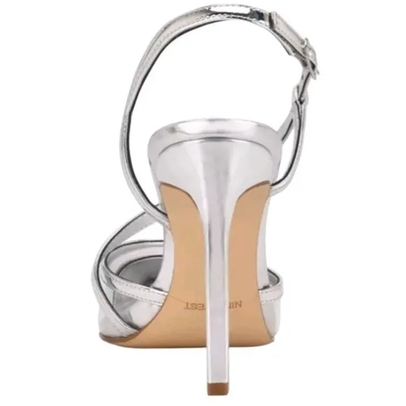NEW Nine West Timie‎ 8 Faux Leather Ankle Strap Pumps, Silver Dressy Heels 8.5