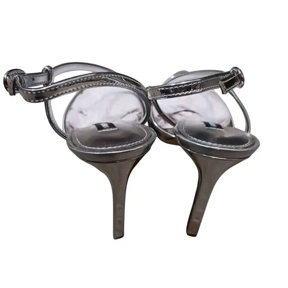 NEW Nine West Timie‎ 8 Faux Leather Ankle Strap Pumps, Silver Dressy Heels 8.5