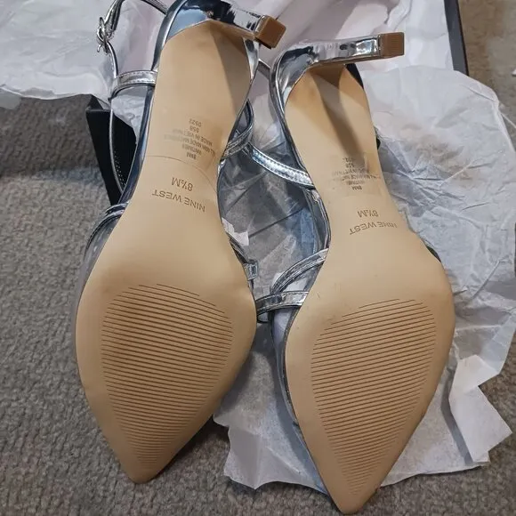 NEW Nine West Timie‎ 8 Faux Leather Ankle Strap Pumps, Silver Dressy Heels 8.5