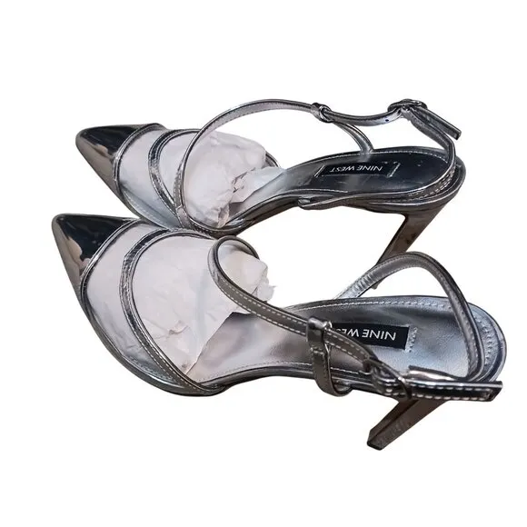 NEW Nine West Timie‎ 8 Faux Leather Ankle Strap Pumps, Silver Dressy Heels 8.5
