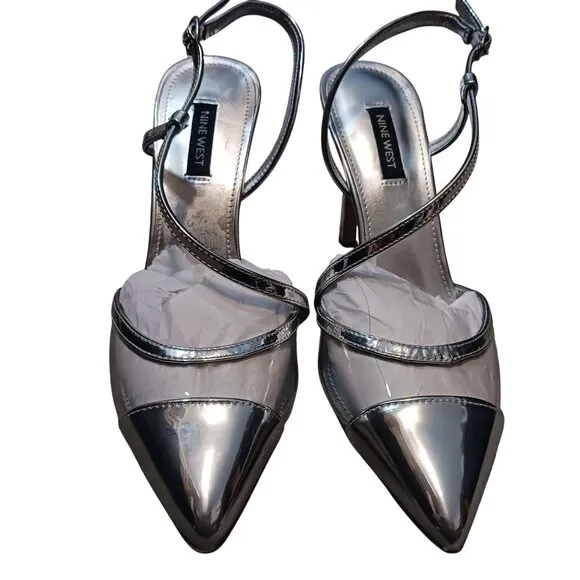 NEW Nine West Timie‎ 8 Faux Leather Ankle Strap Pumps, Silver Dressy Heels 8.5