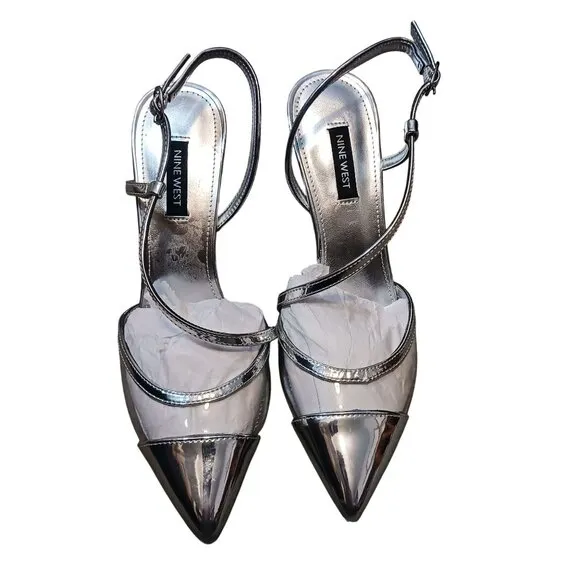 NEW Nine West Timie‎ 8 Faux Leather Ankle Strap Pumps, Silver Dressy Heels 8.5
