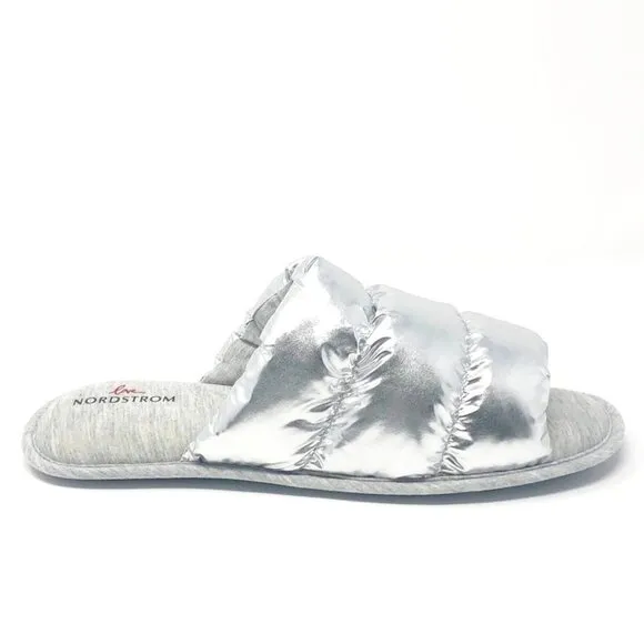 NEW Nordstrom Limited Edition Puffy Metallic Slide Slippers Silver Size XL 11-12
