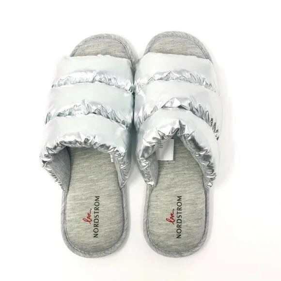 NEW Nordstrom Limited Edition Puffy Metallic Slide Slippers Silver Size XL 11-12