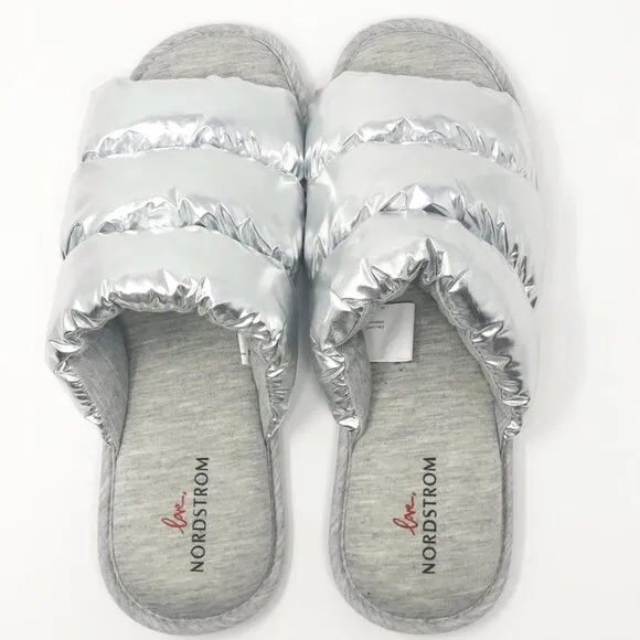 NEW Nordstrom Limited Edition Puffy Metallic Slide Slippers Silver Size XL 11-12