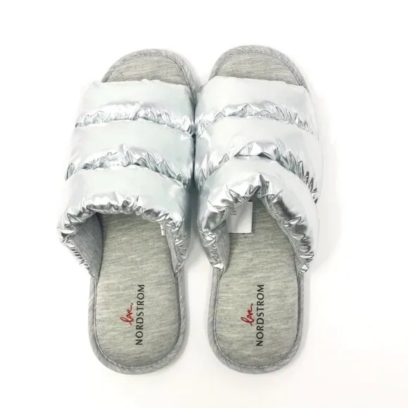 NEW Nordstrom Limited Edition Puffy Metallic Slide Slippers Silver Size XL 11-12