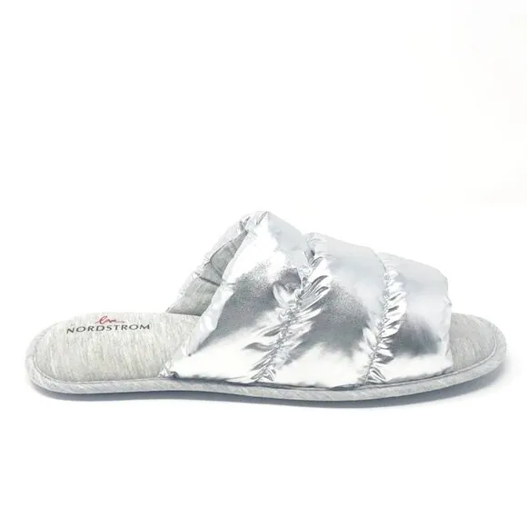 NEW Nordstrom Limited Edition Puffy Metallic Slide Slippers Silver Size XL 11-12