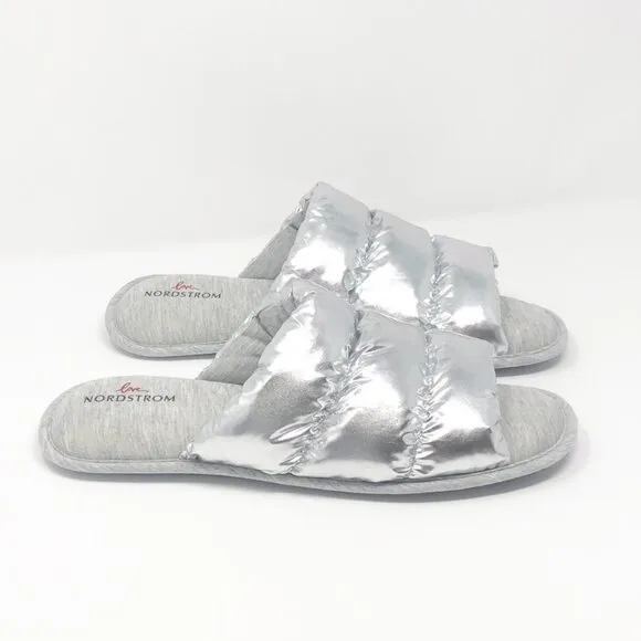 NEW Nordstrom Limited Edition Puffy Metallic Slide Slippers Silver Size XL 11-12