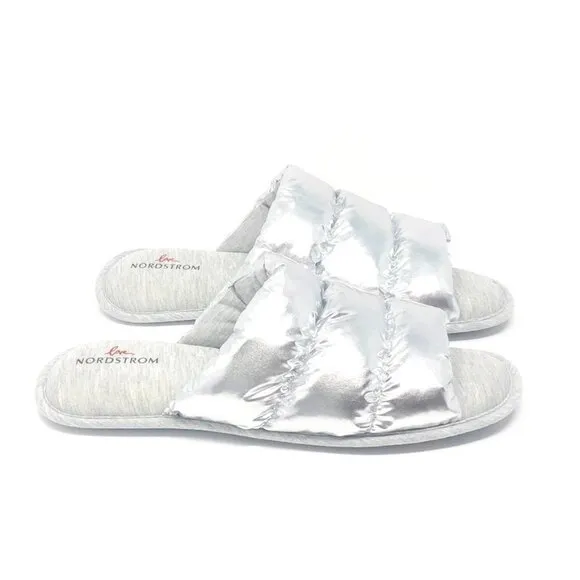 NEW Nordstrom Limited Edition Puffy Metallic Slide Slippers Silver Size XL 11-12