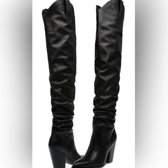 NEW Steve Madden Landy Black Leather Over the Knee Western Boots