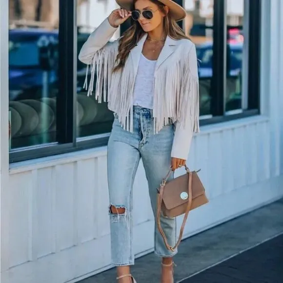 New Tassel fringe Faux suede women jacket zip front coat