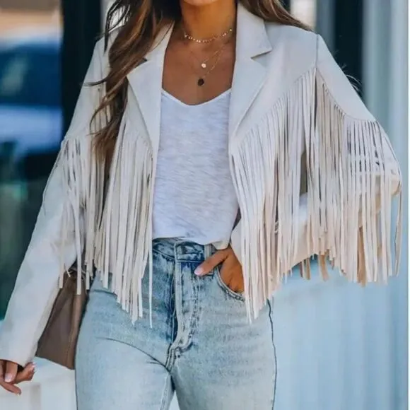 New Tassel fringe Faux suede women jacket zip front coat