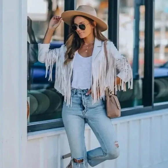New Tassel fringe Faux suede women jacket zip front coat