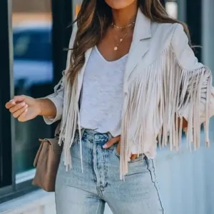 New Tassel fringe Faux suede women jacket zip front coat