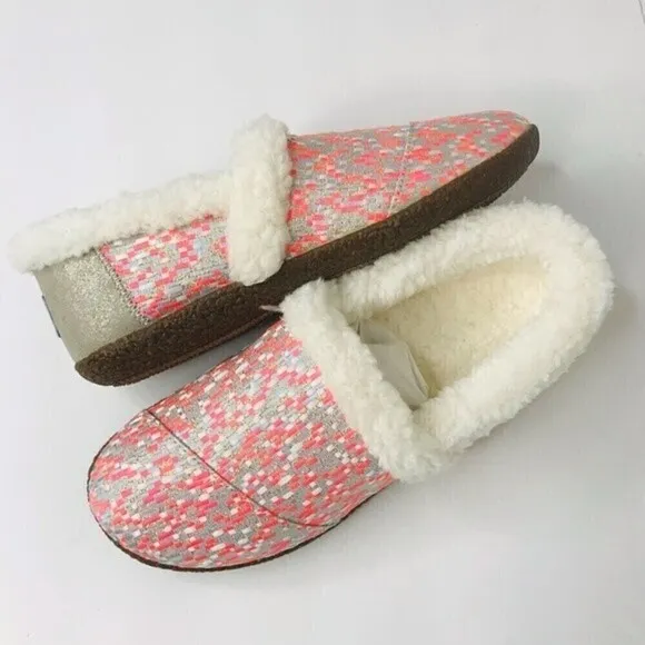 New! Toms Slipper Pink Glitz Woven Knit Sherpa Knit Clog Slippers Shoes