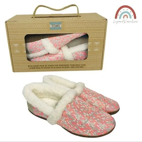 New! Toms Slipper Pink Glitz Woven Knit Sherpa Knit Clog Slippers Shoes