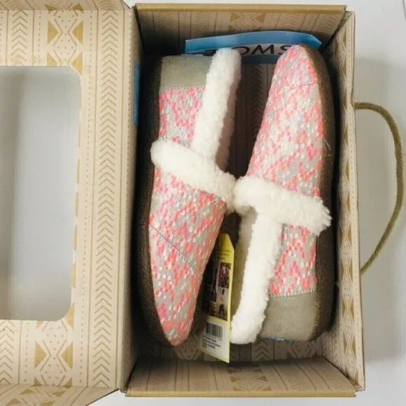 New! Toms Slipper Pink Glitz Woven Knit Sherpa Knit Clog Slippers Shoes